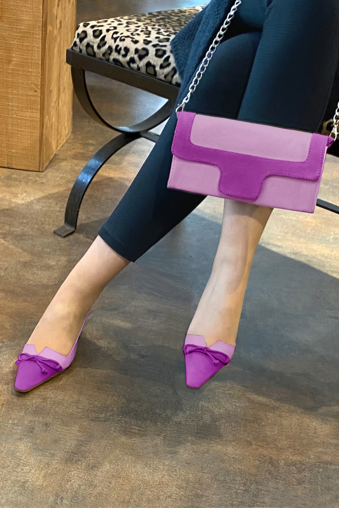 Women's mauve purple elegant slingback heels, with a bow on the front. Tapered toe. Medium spool heels - Worn view
